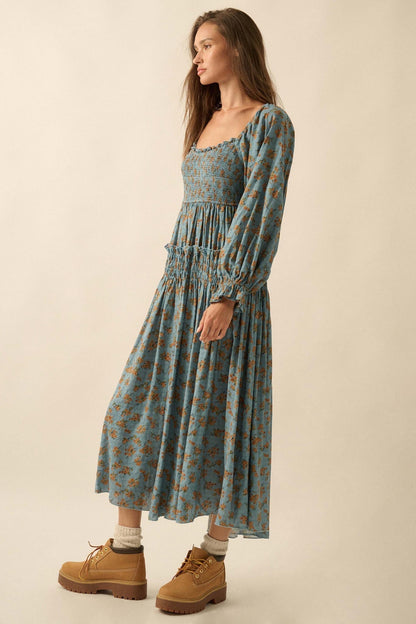 Field Day Floral Plaid Smocked Midi Peasant Dress