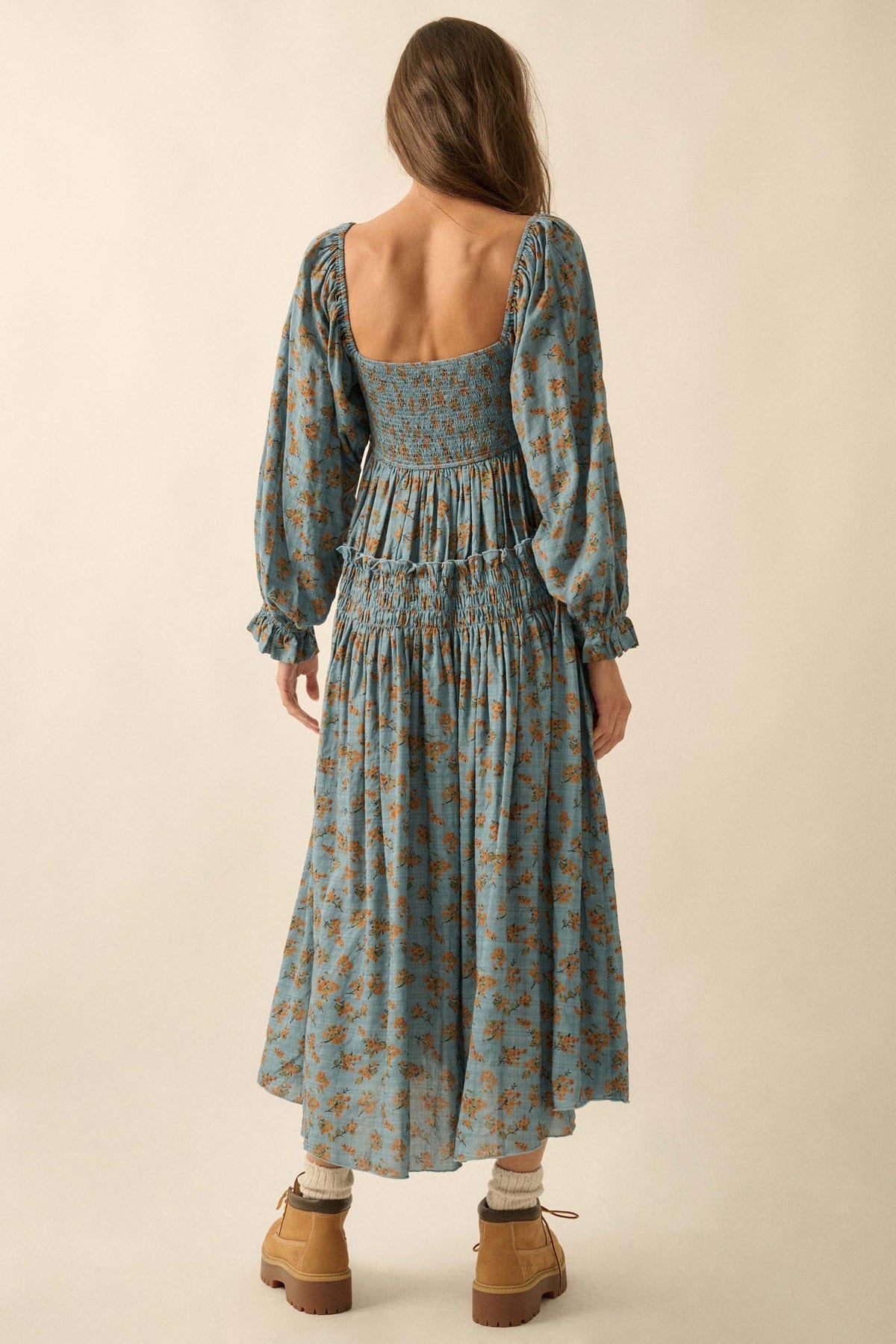 Field Day Floral Plaid Smocked Midi Peasant Dress