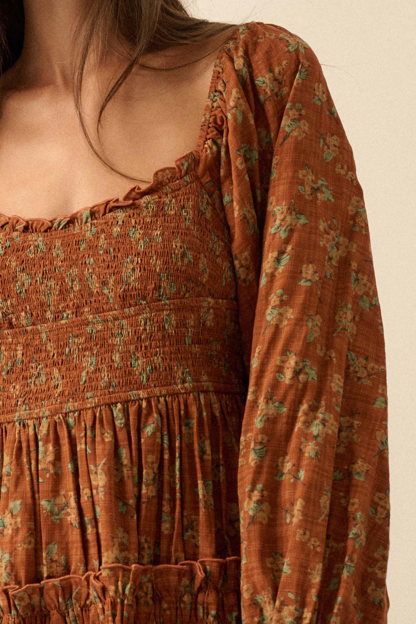 Field Day Floral Plaid Smocked Midi Peasant Dress