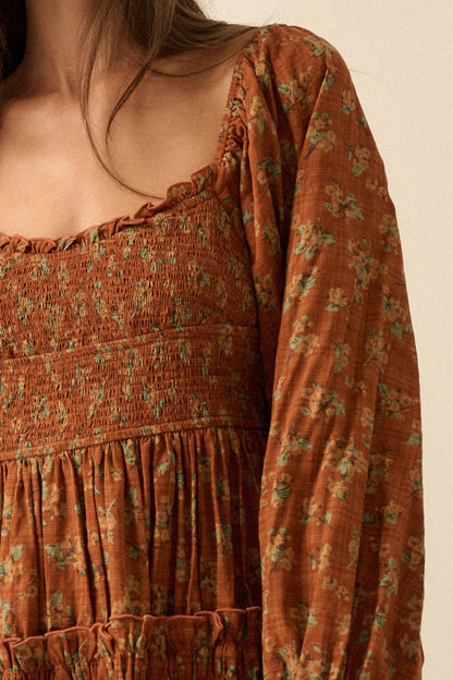 Field Day Floral Plaid Smocked Midi Peasant Dress