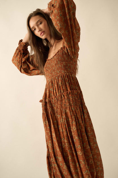Field Day Floral Plaid Smocked Midi Peasant Dress