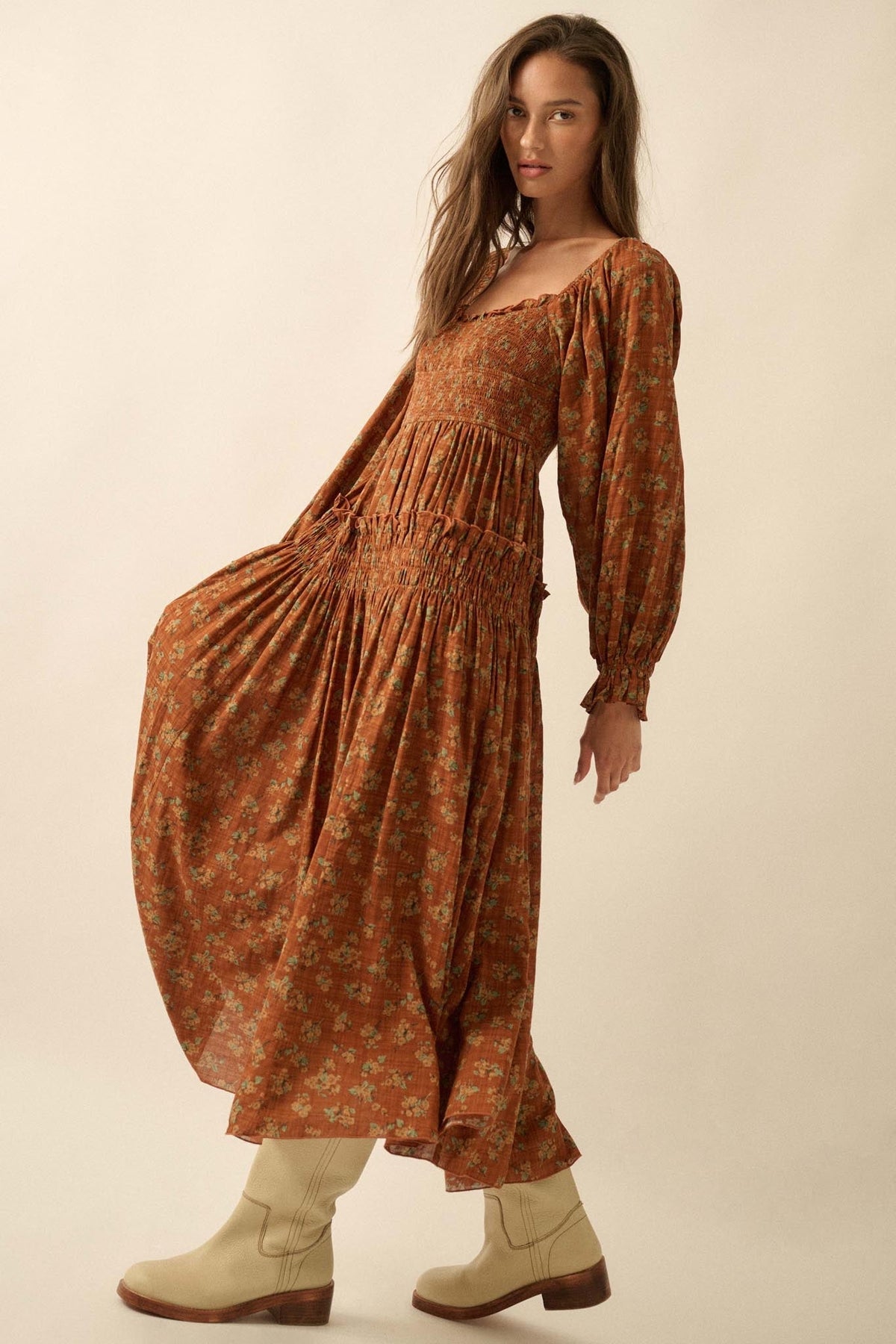Field Day Floral Plaid Smocked Midi Peasant Dress