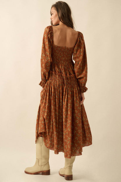 Field Day Floral Plaid Smocked Midi Peasant Dress