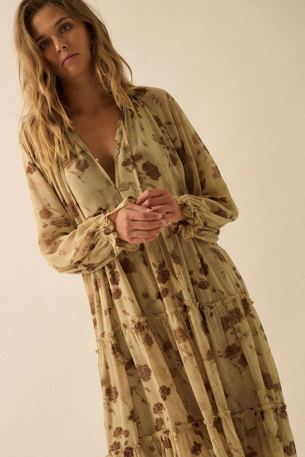 Faded Flowers Tiered Floral Midi Prairie Dress