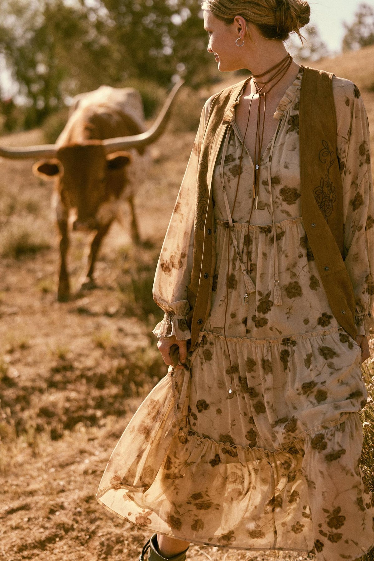Faded Flowers Tiered Floral Midi Prairie Dress