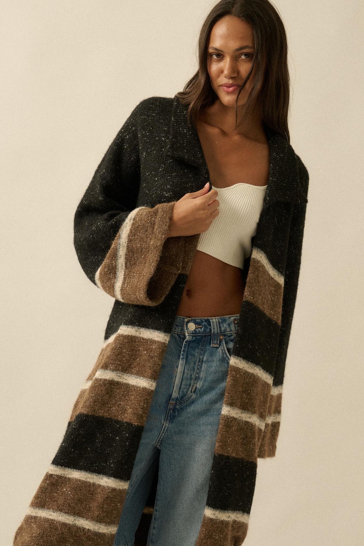 Down to Earth Striped Open-Front Duster Cardigan