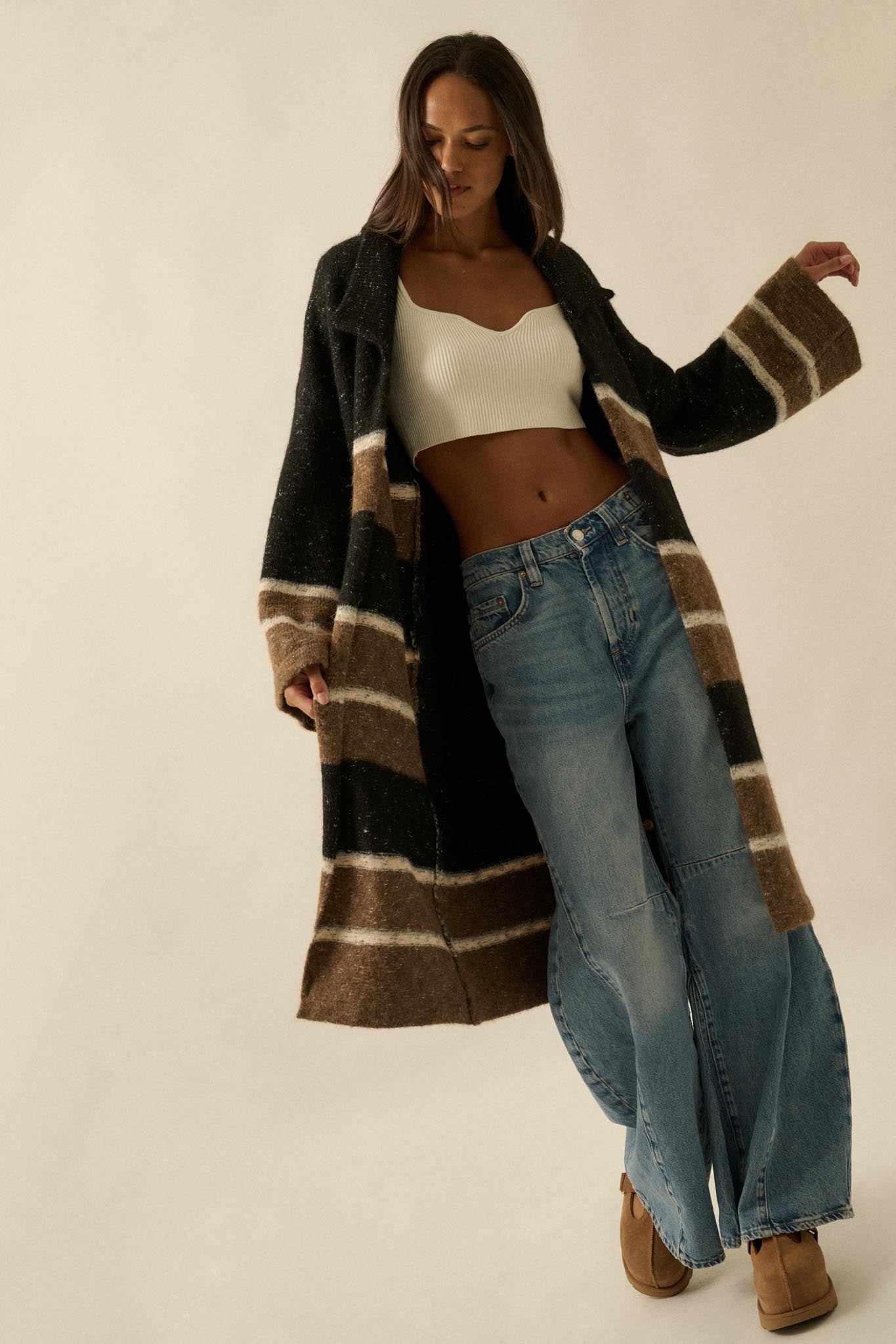 Down to Earth Striped Open-Front Duster Cardigan