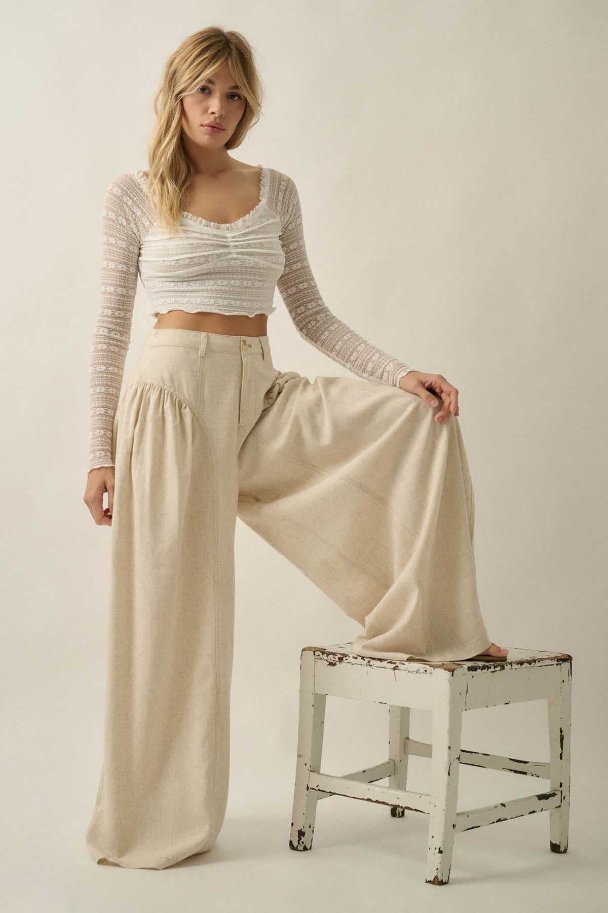 Natural Habitat Linen-Blend Gathered Wide-Leg Pants