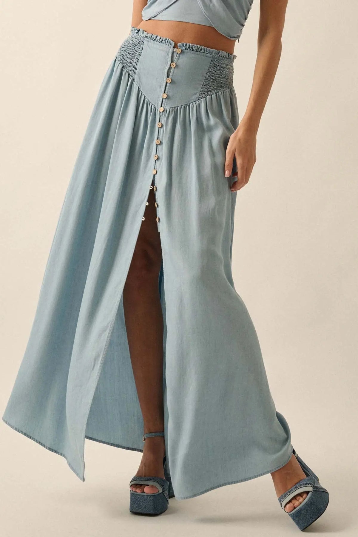 Blue Yonder Denim Button-Front Maxi Skirt