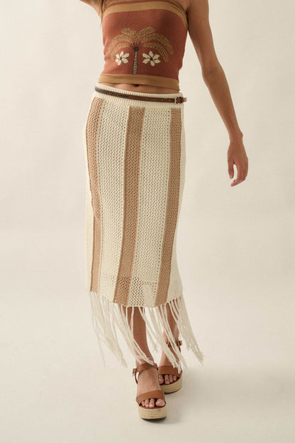 Someday Soon Striped Crochet-Knit Fringe Midi Skirt