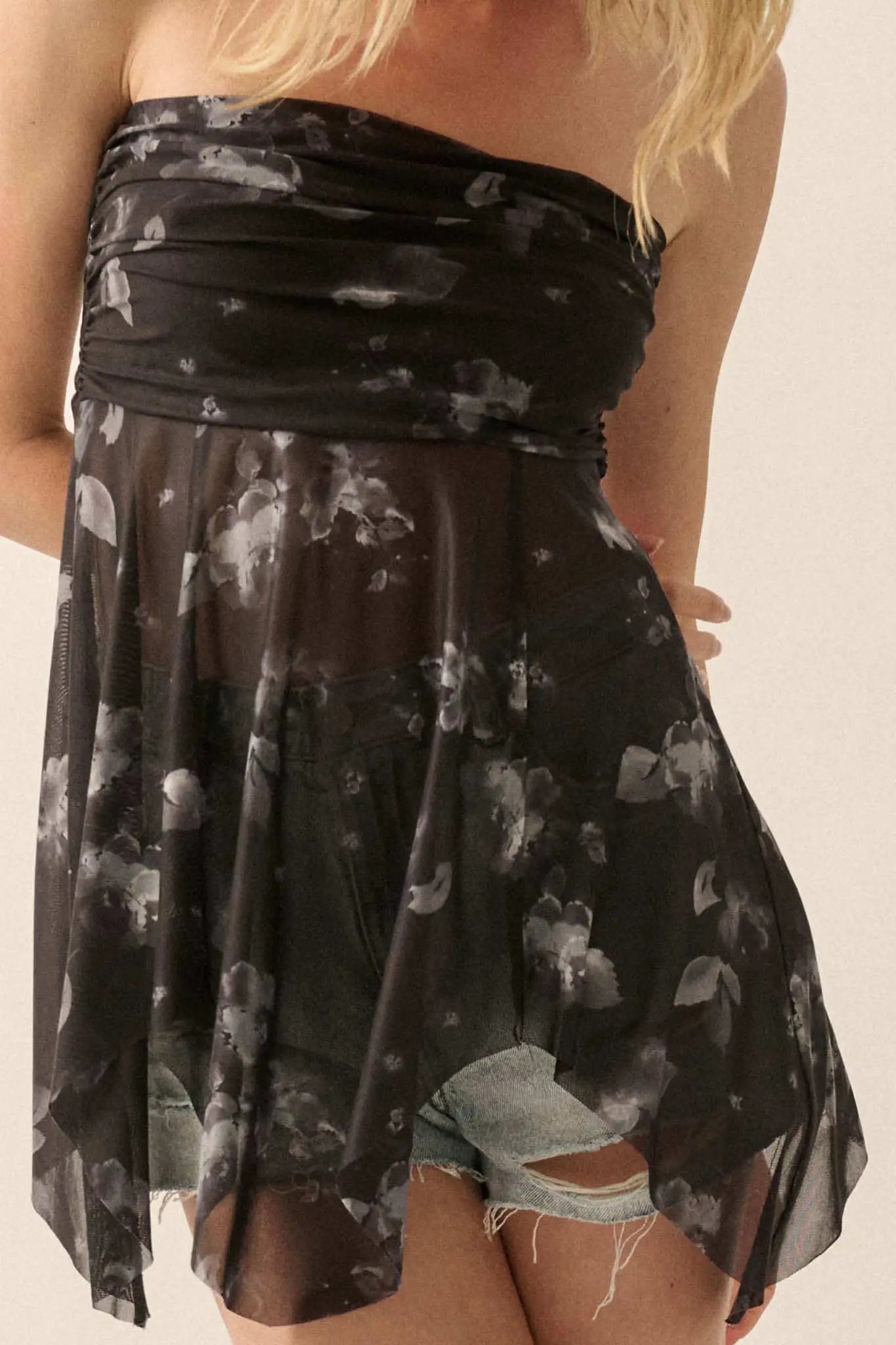 Shadows Blossom Floral Mesh Strapless Babydoll Top