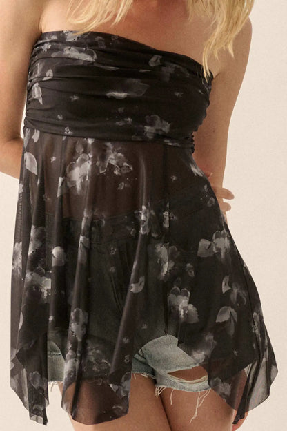 Shadows Blossom Floral Mesh Strapless Babydoll Top