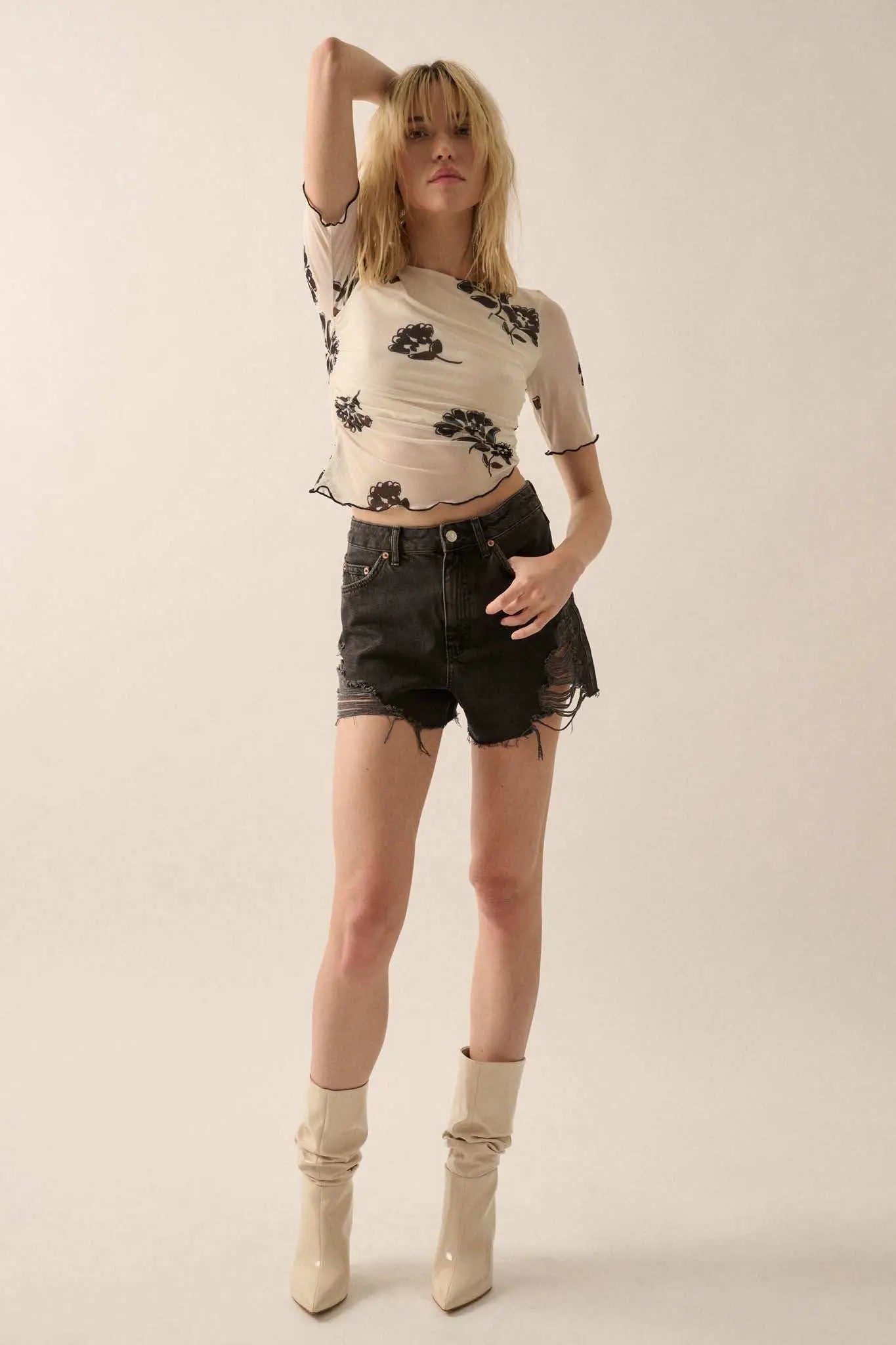 Deco Blooms Floral Mesh Cropped Asymmetrical Top