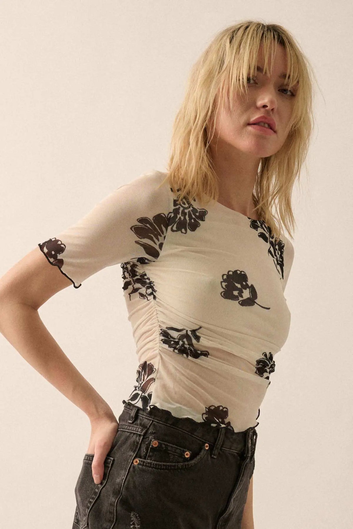 Deco Blooms Floral Mesh Cropped Asymmetrical Top