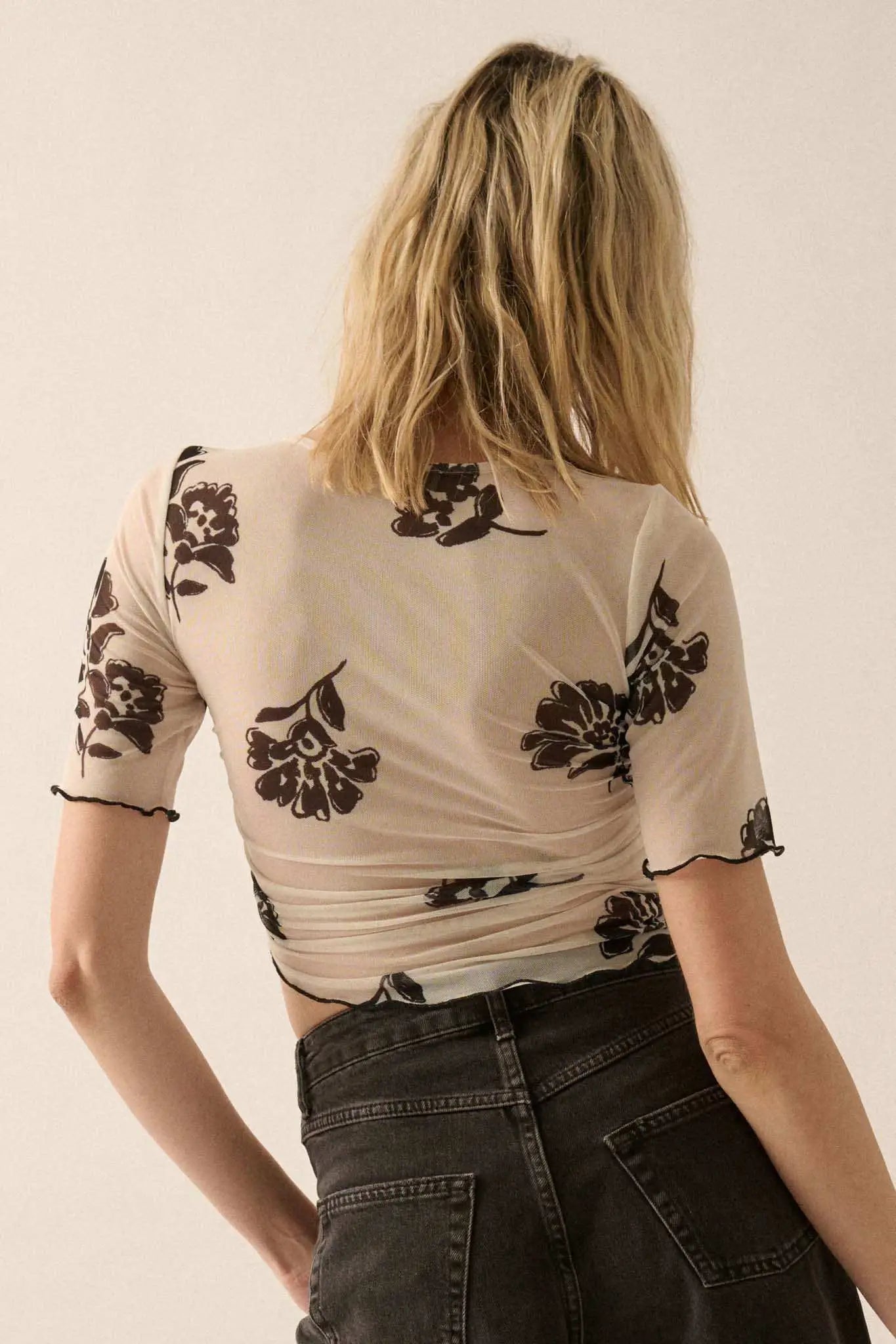 Deco Blooms Floral Mesh Cropped Asymmetrical Top