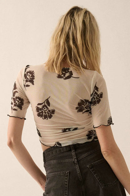 Deco Blooms Floral Mesh Cropped Asymmetrical Top