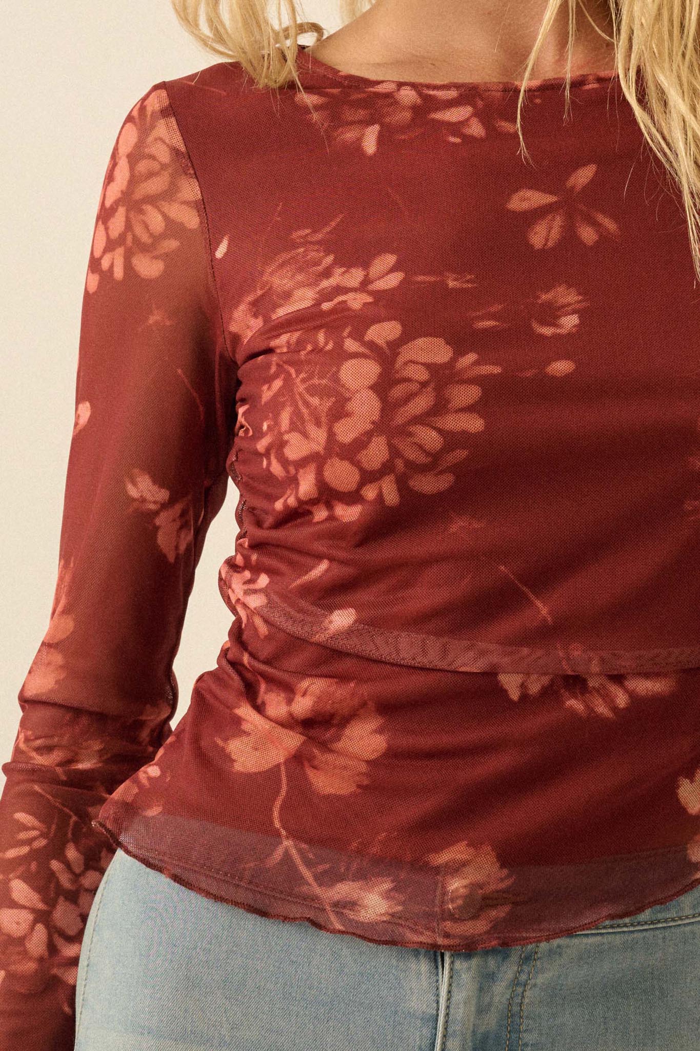 Spice It Up Floral Mesh Ruched Asymmetrical Top