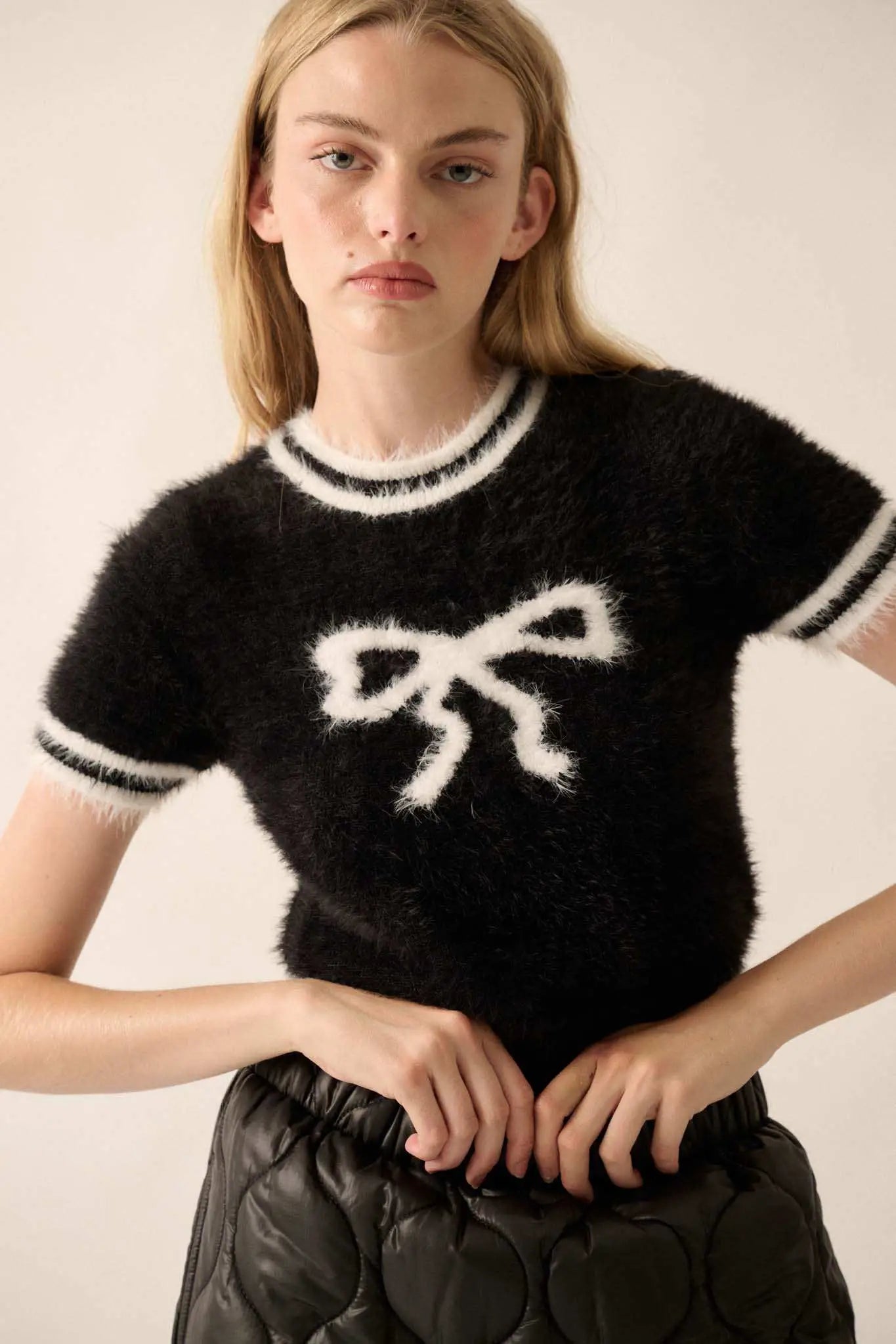 Bow Me Away Fuzzy Knit Short-Sleeve Sweater