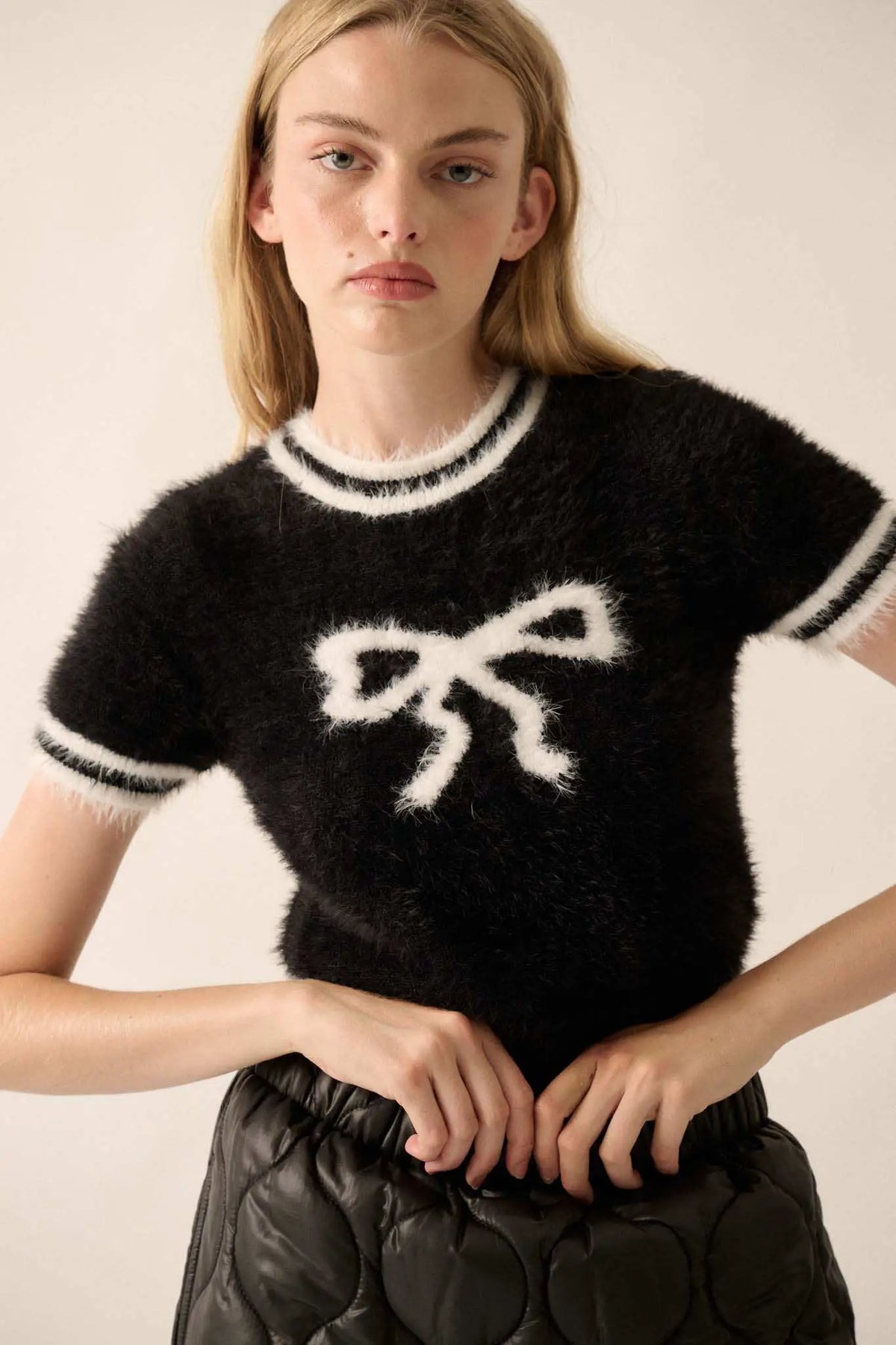 Bow Me Away Fuzzy Knit Short-Sleeve Sweater