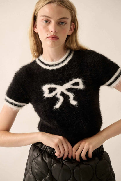 Bow Me Away Fuzzy Knit Short-Sleeve Sweater