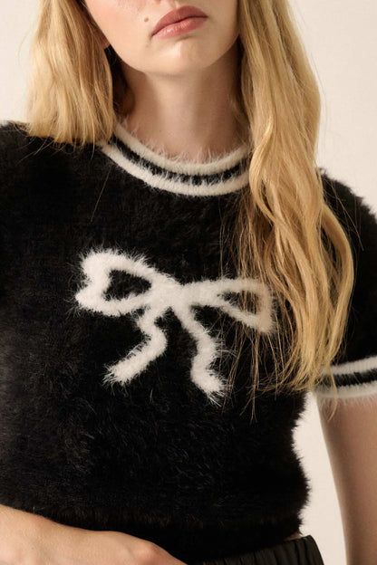 Bow Me Away Fuzzy Knit Short-Sleeve Sweater