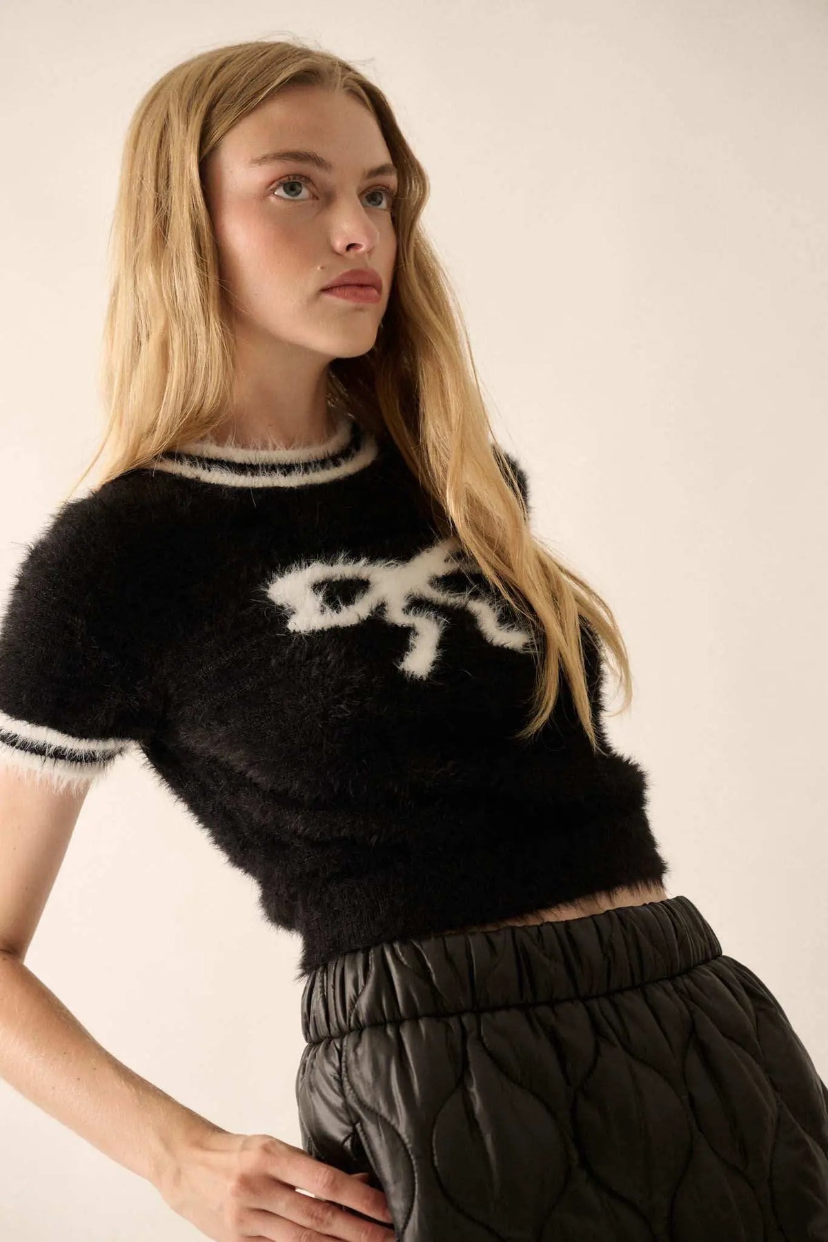 Bow Me Away Fuzzy Knit Short-Sleeve Sweater