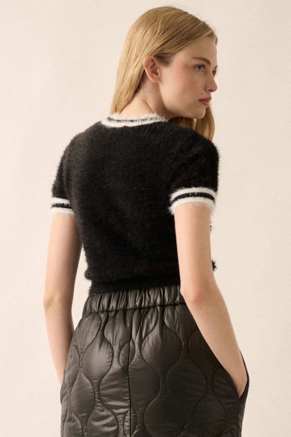 Bow Me Away Fuzzy Knit Short-Sleeve Sweater