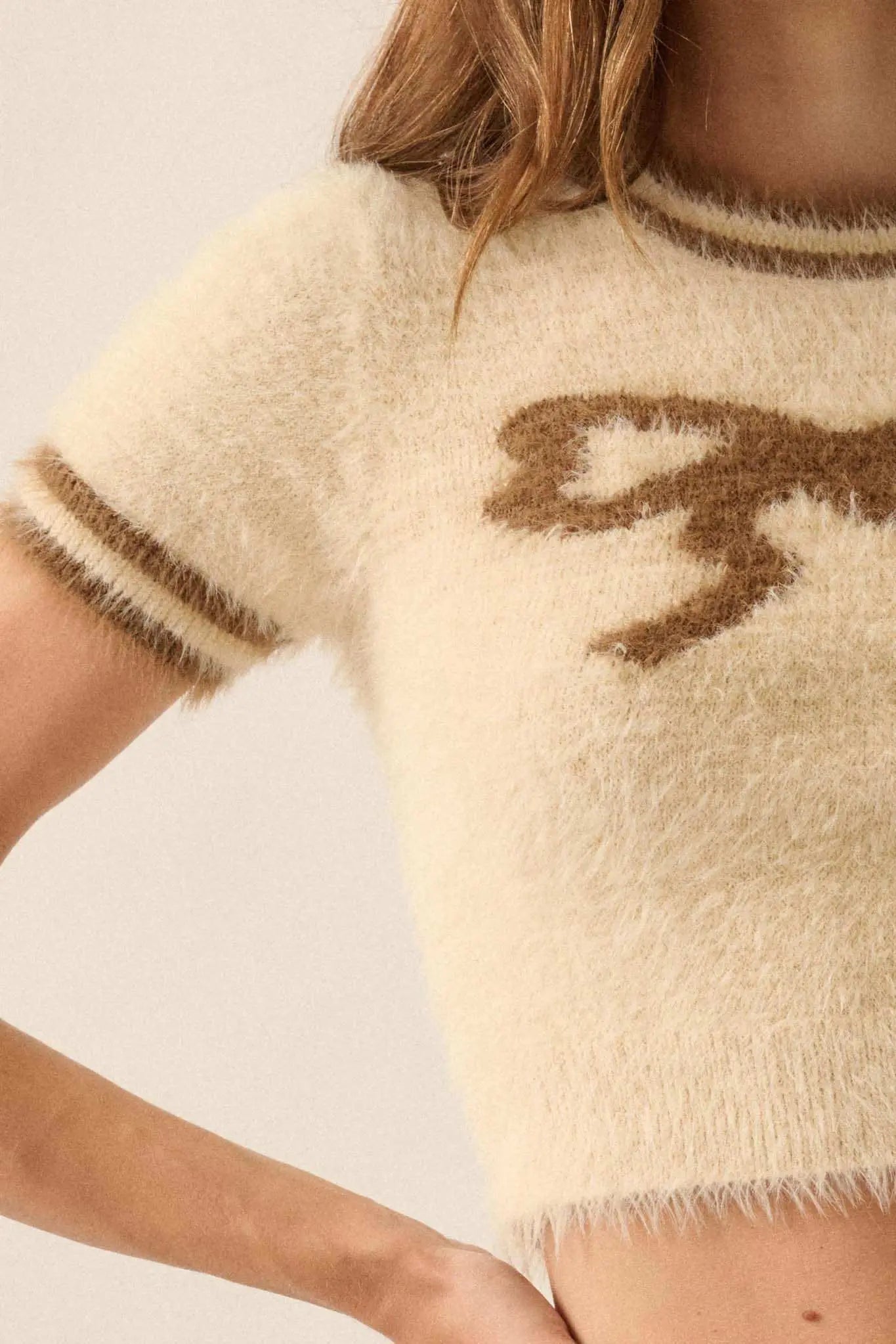 Bow Me Away Fuzzy Knit Short-Sleeve Sweater