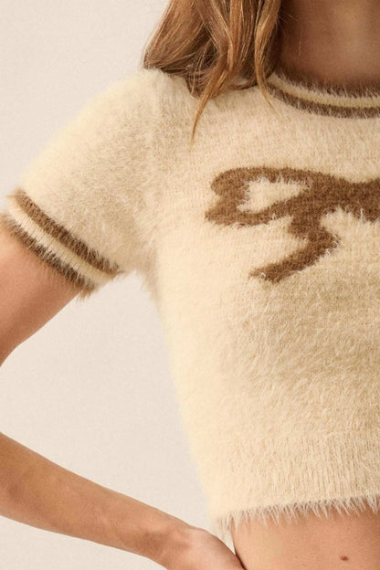 Bow Me Away Fuzzy Knit Short-Sleeve Sweater