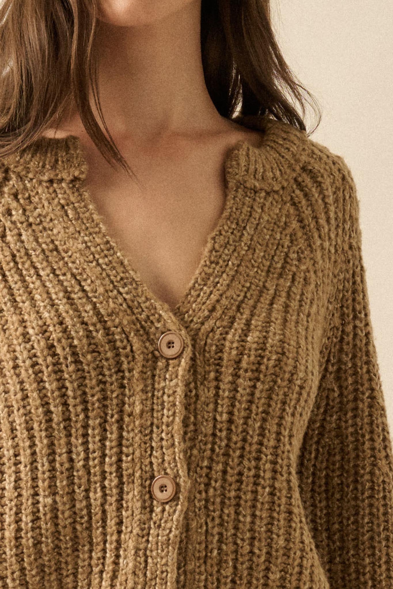Soft Sunday Ribbed Knit Buttoned V-Neck Cardigan