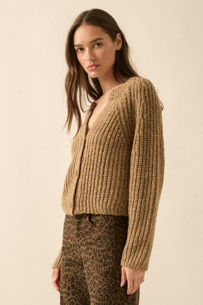 Soft Sunday Ribbed Knit Buttoned V-Neck Cardigan