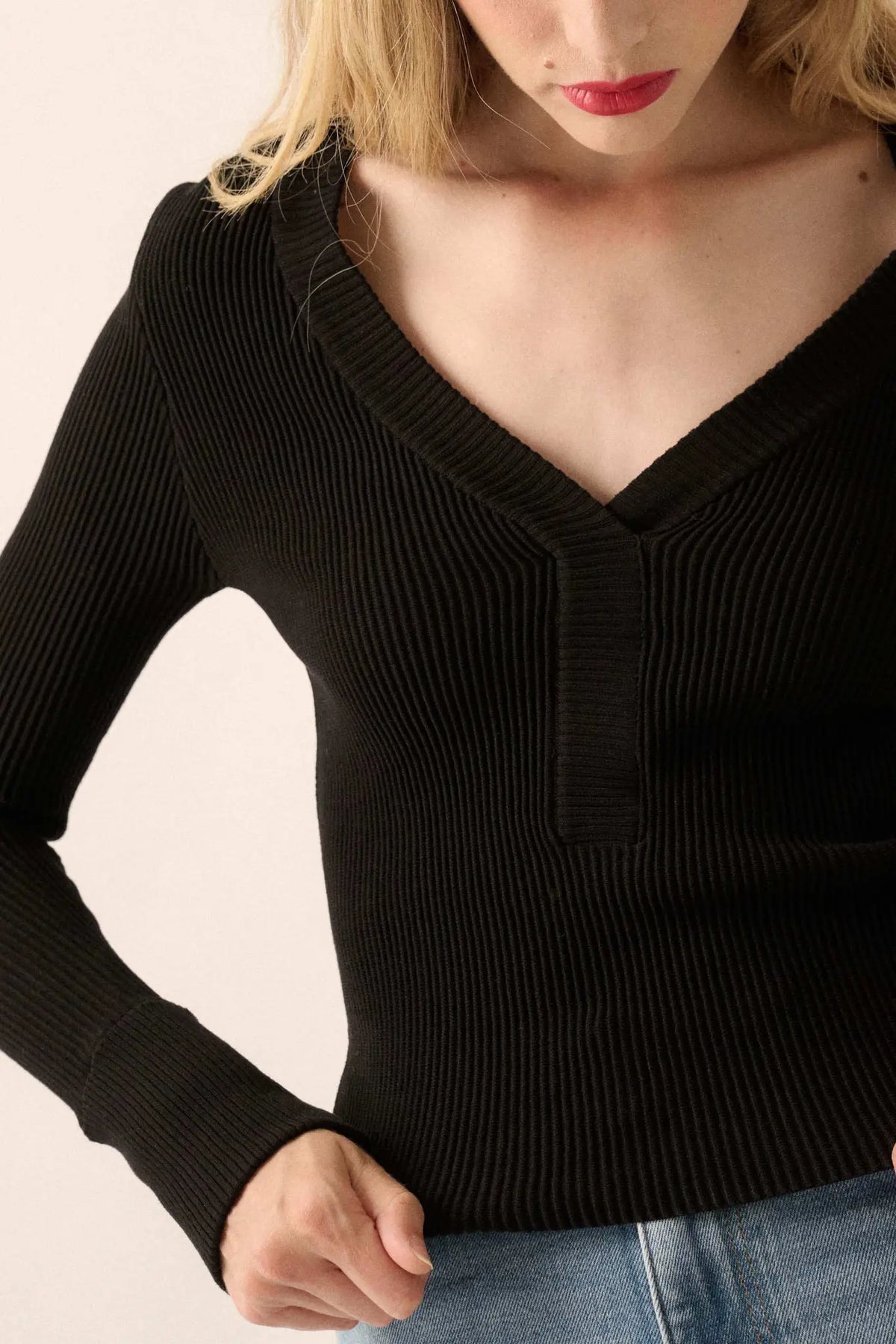 Shaper Fit Rib-Knit Split-Neck Long-Sleeve Top