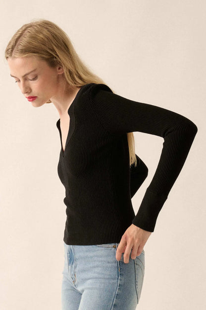 Shaper Fit Rib-Knit Split-Neck Long-Sleeve Top