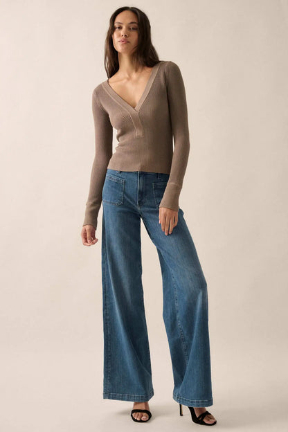 Shaper Fit Rib-Knit Split-Neck Long-Sleeve Top