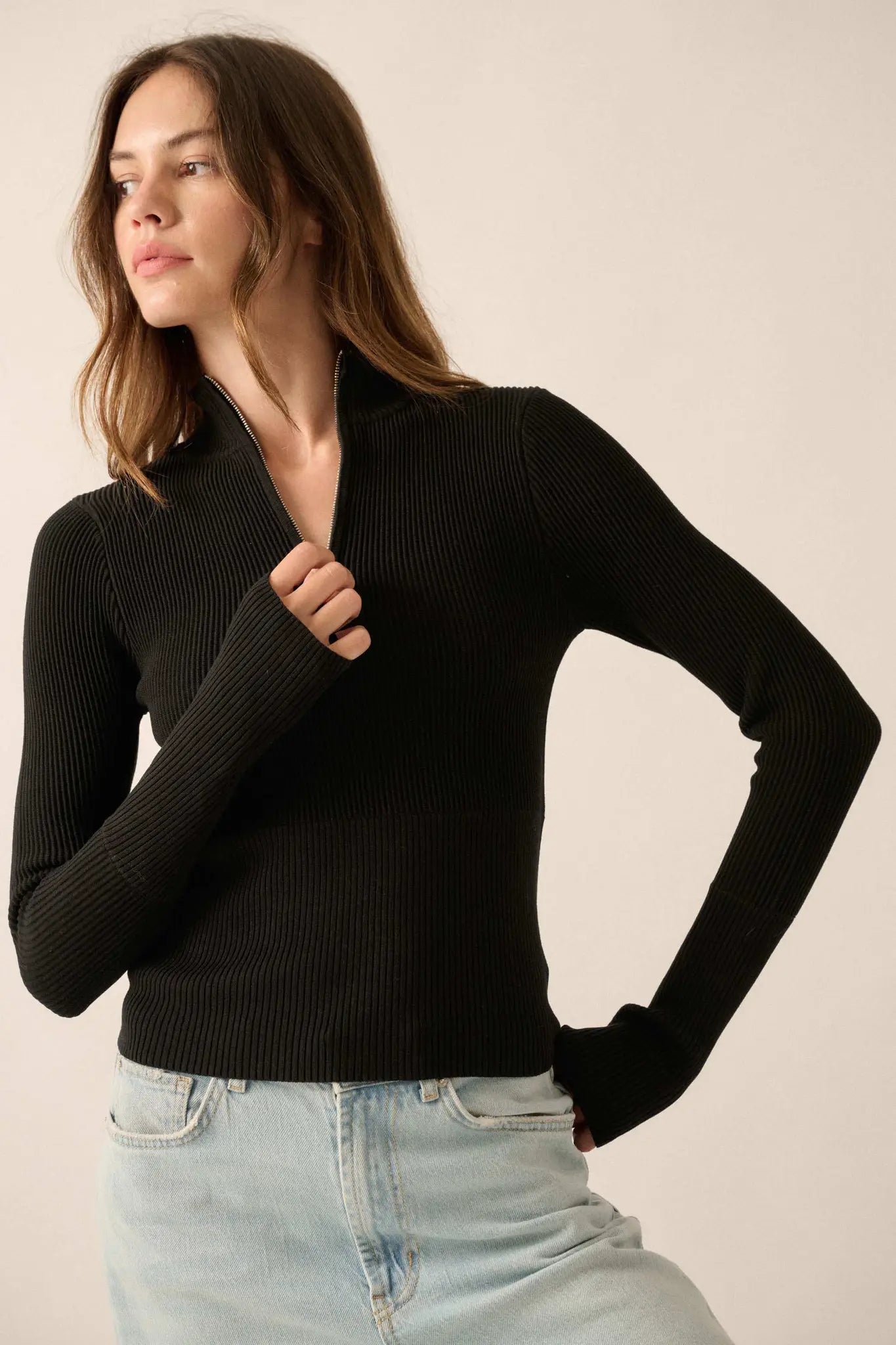Shaper Fit Rib-Knit Half-Zip Thumbhole Top
