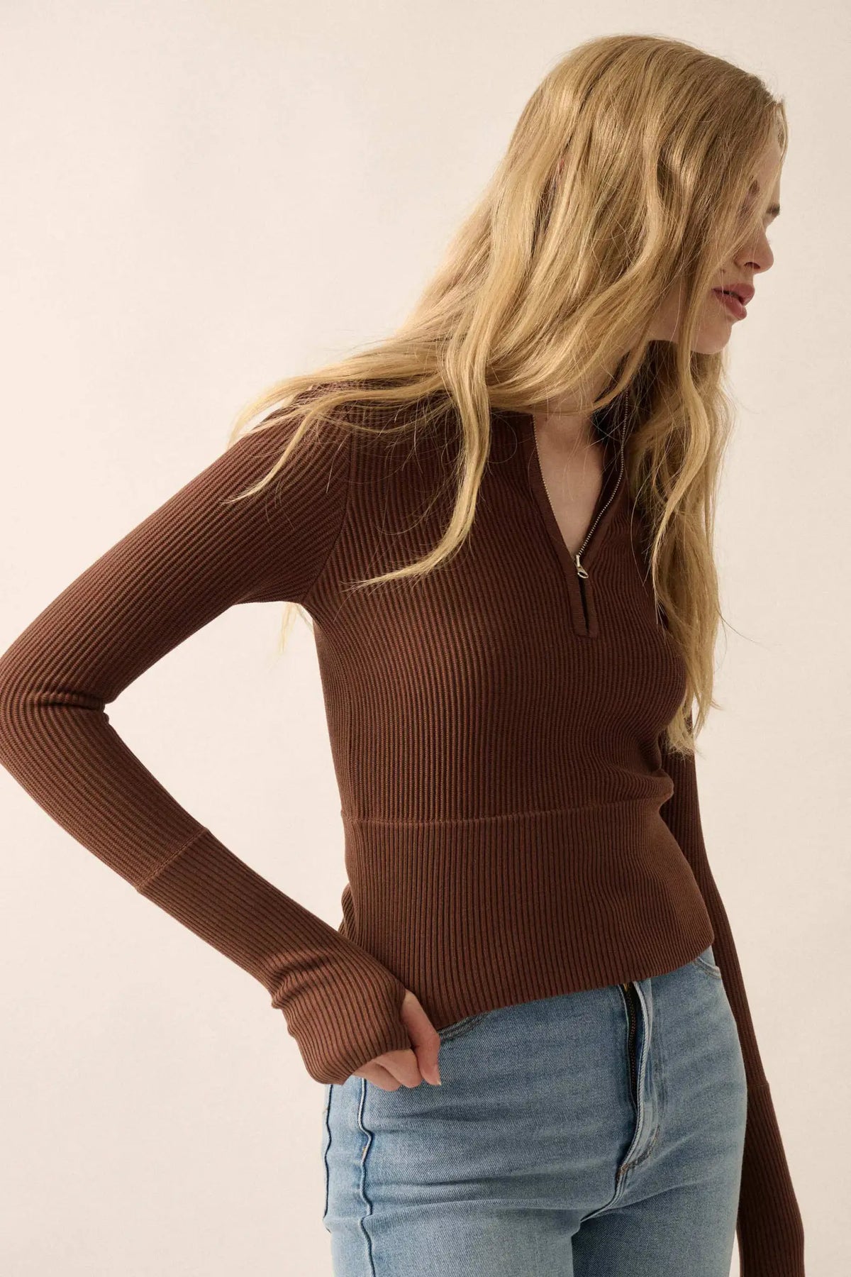 Shaper Fit Rib-Knit Half-Zip Thumbhole Top