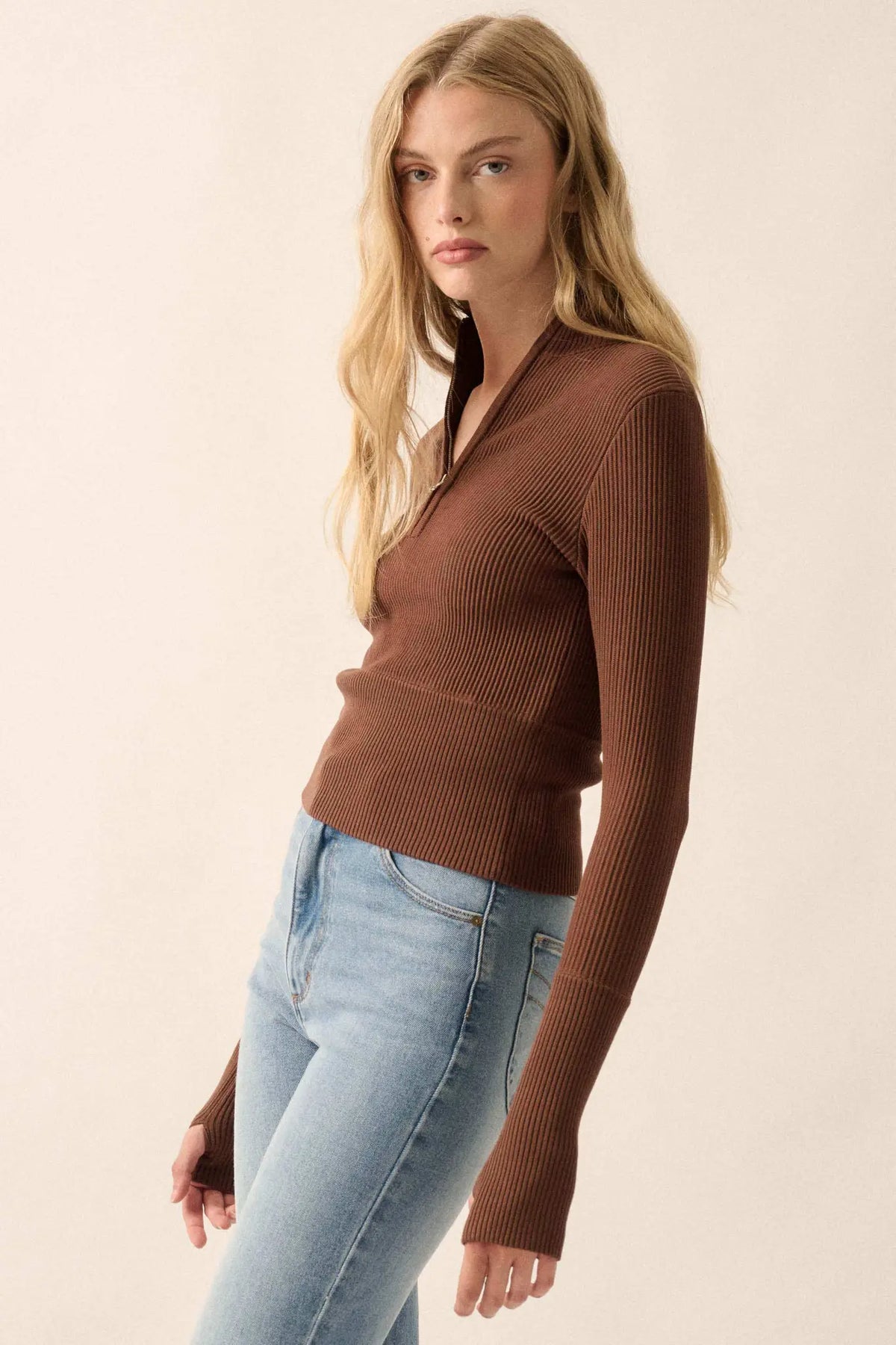 Shaper Fit Rib-Knit Half-Zip Thumbhole Top
