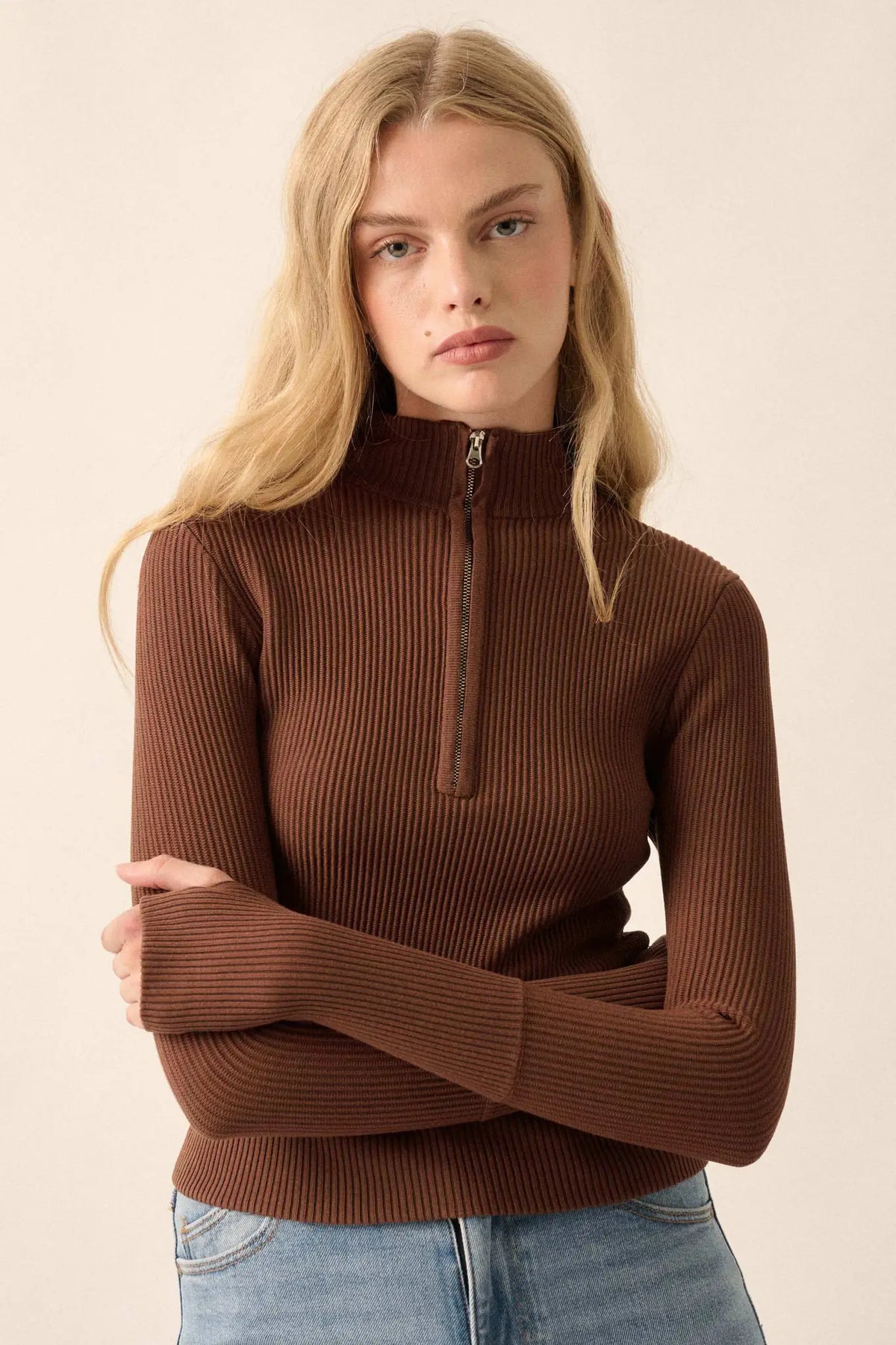 Shaper Fit Rib-Knit Half-Zip Thumbhole Top