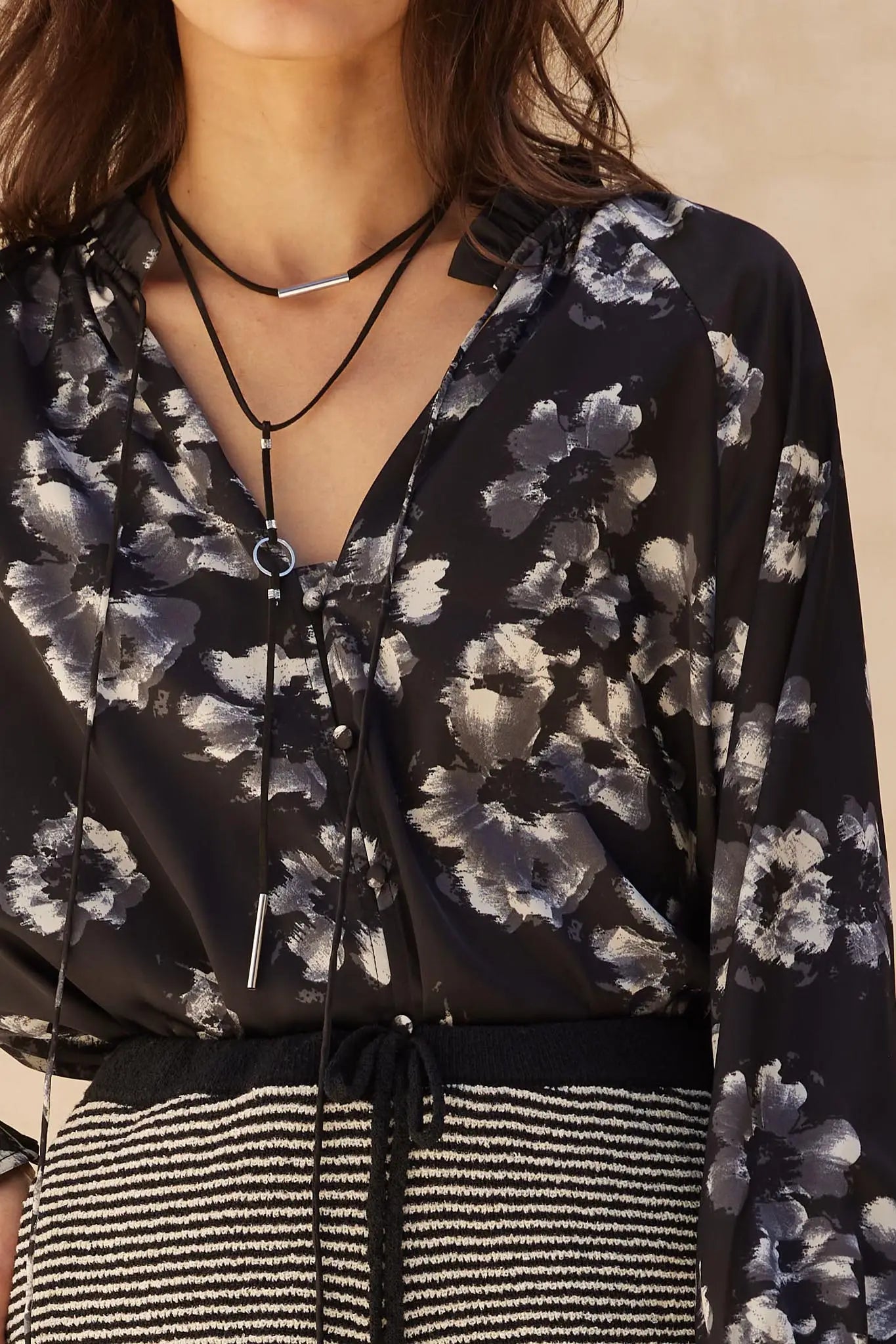 Lush Living Floral Satin Button-Up Peasant Top