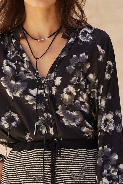Lush Living Floral Satin Button-Up Peasant Top