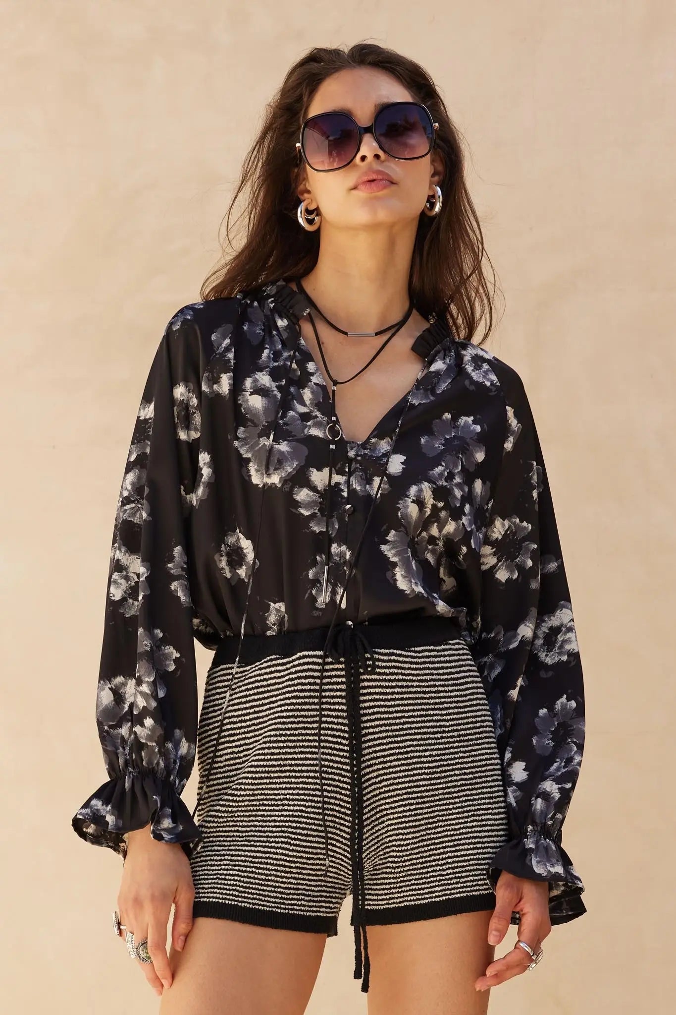 Lush Living Floral Satin Button-Up Peasant Top