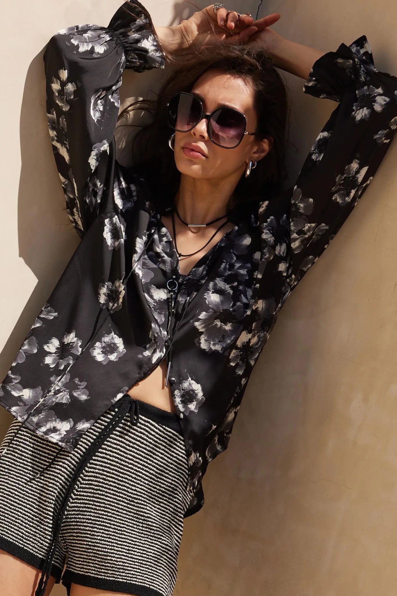 Lush Living Floral Satin Button-Up Peasant Top
