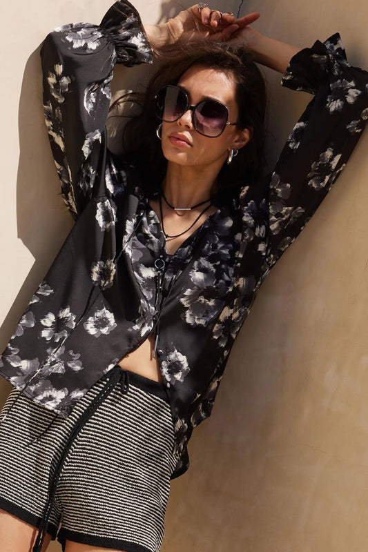 Lush Living Floral Satin Button-Up Peasant Top