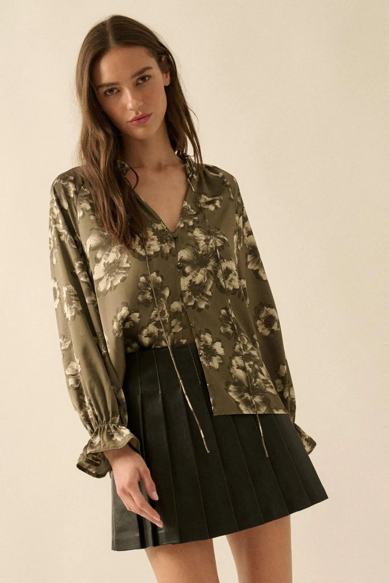 Lush Living Floral Satin Button-Up Peasant Top