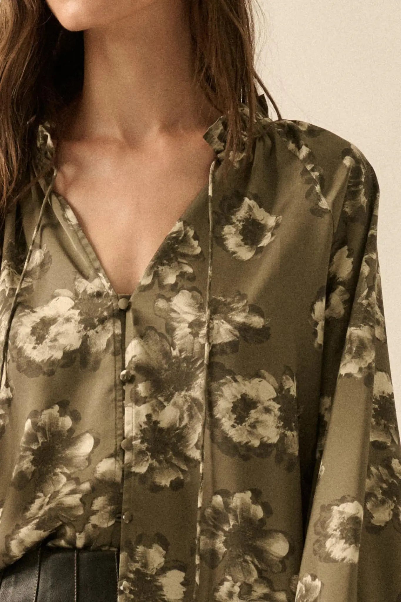 Lush Living Floral Satin Button-Up Peasant Top