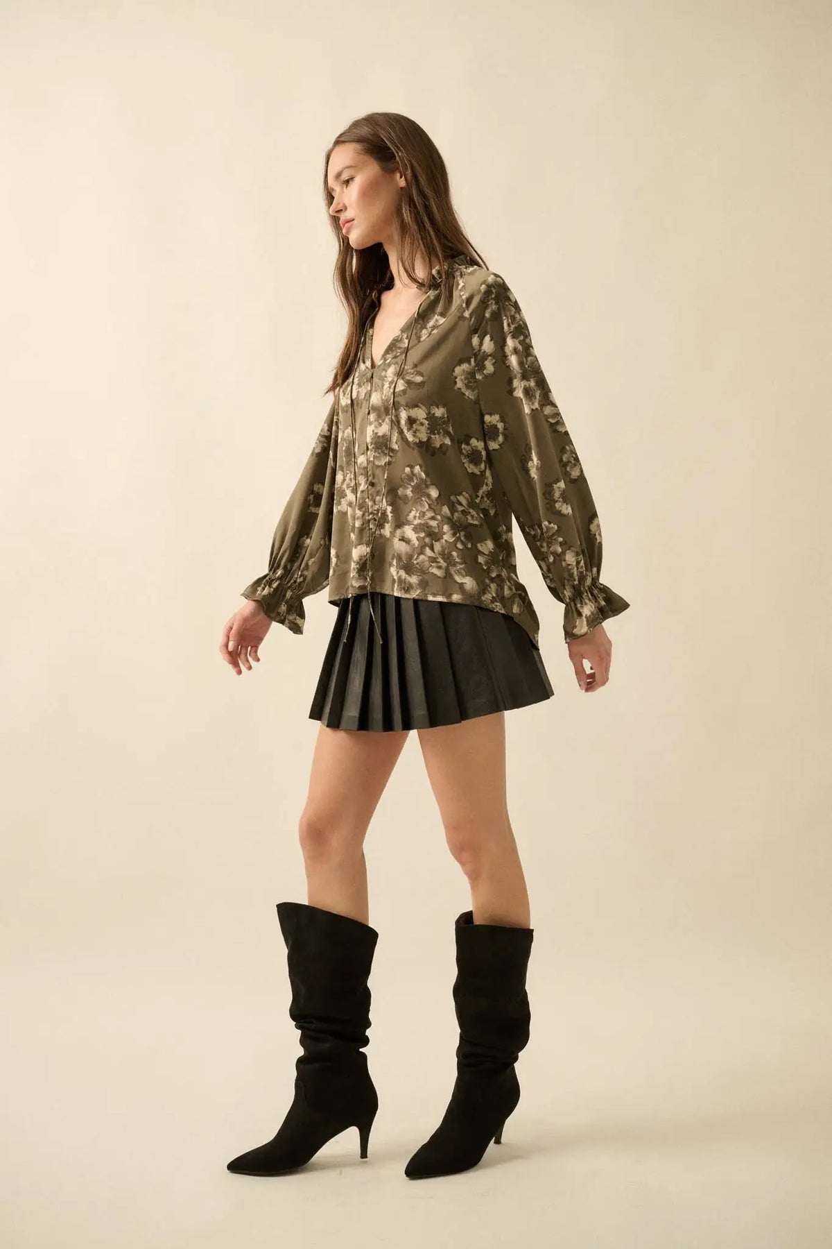Lush Living Floral Satin Button-Up Peasant Top