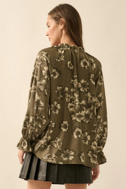 Lush Living Floral Satin Button-Up Peasant Top