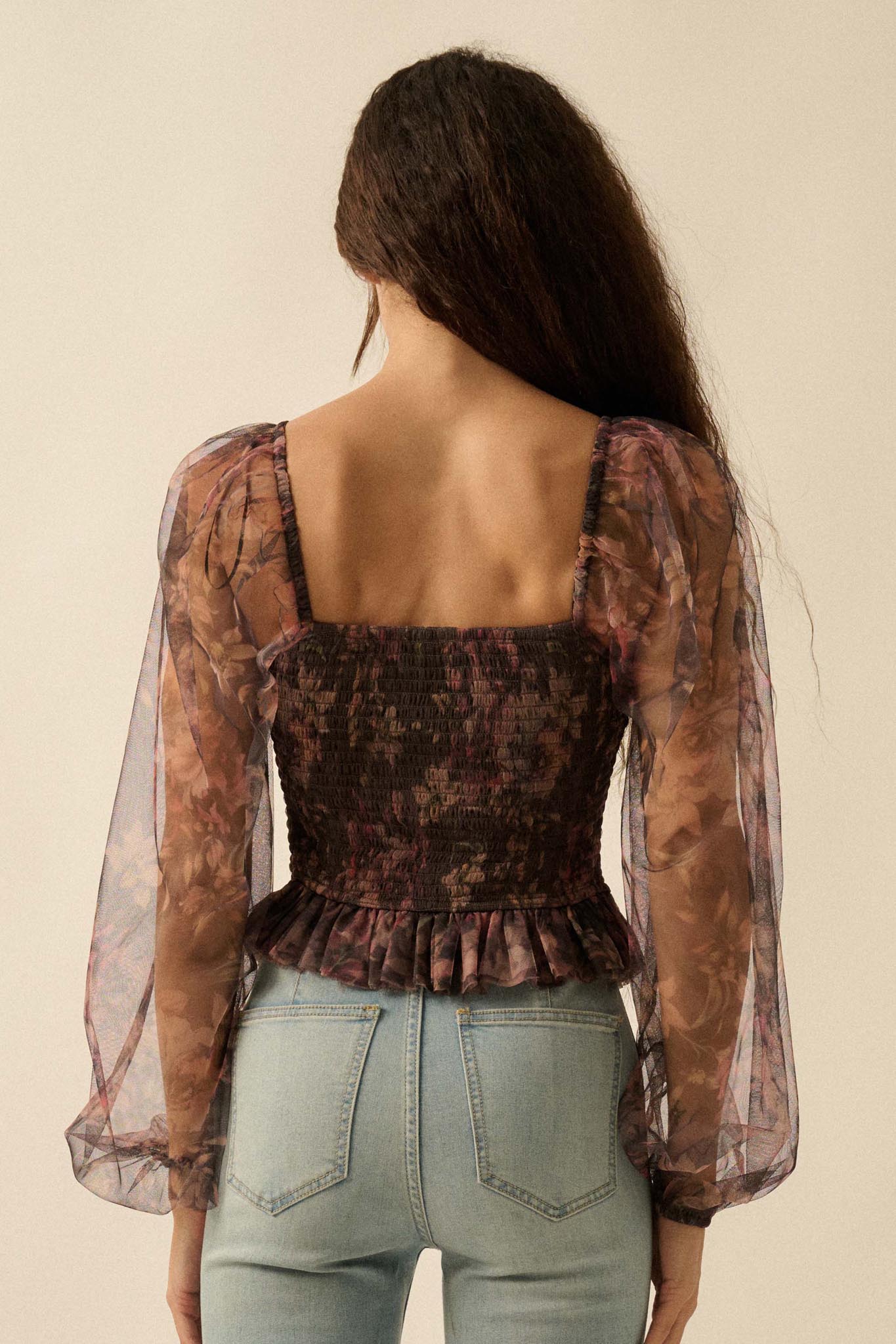 Bohemian Bliss Smocked Floral Tulle Peasant Top