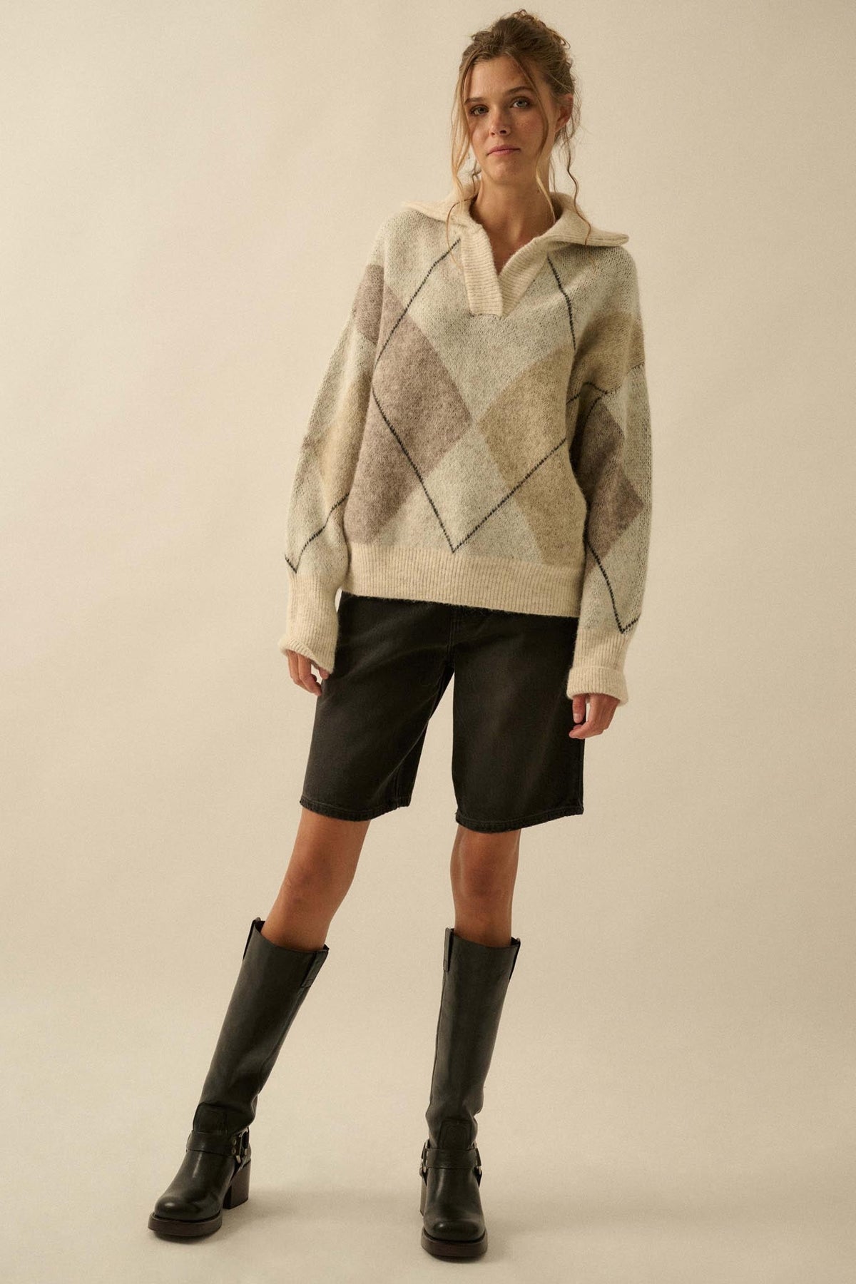 Crossing Paths Argyle Knit Collared Sweater