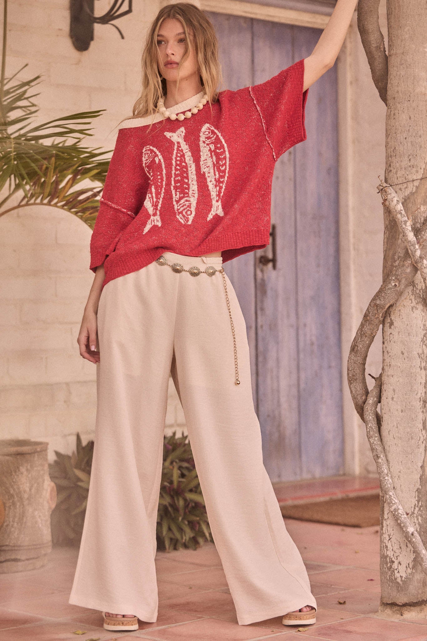 Plenty of Fish Jacquard-Knit Short-Sleeve Sweater
